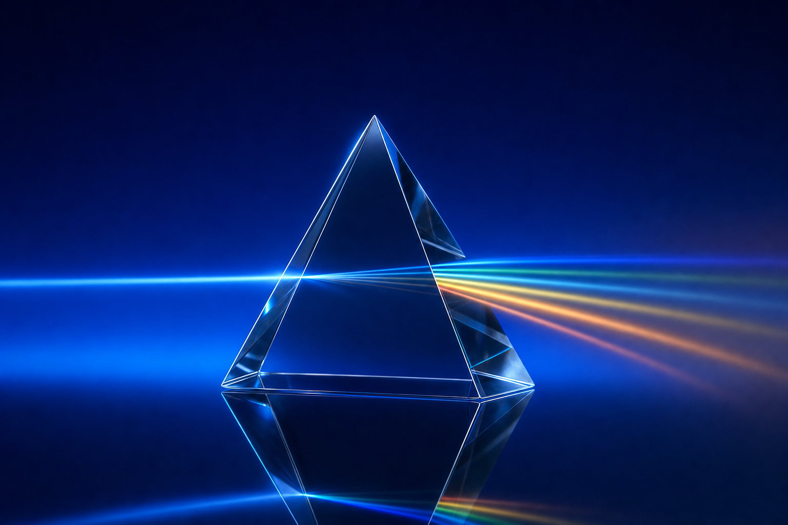 Glass prism splitting one light beam into diverging rays — medtech marketing attribution complexity visualized
