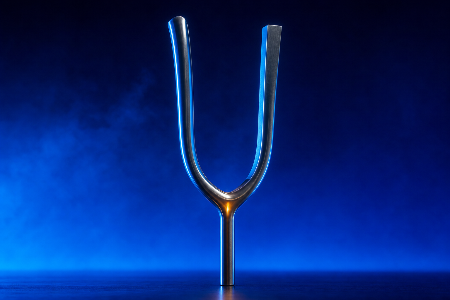 Stainless tuning fork tines diverging symmetrically — clinician and patient buyer psychology split