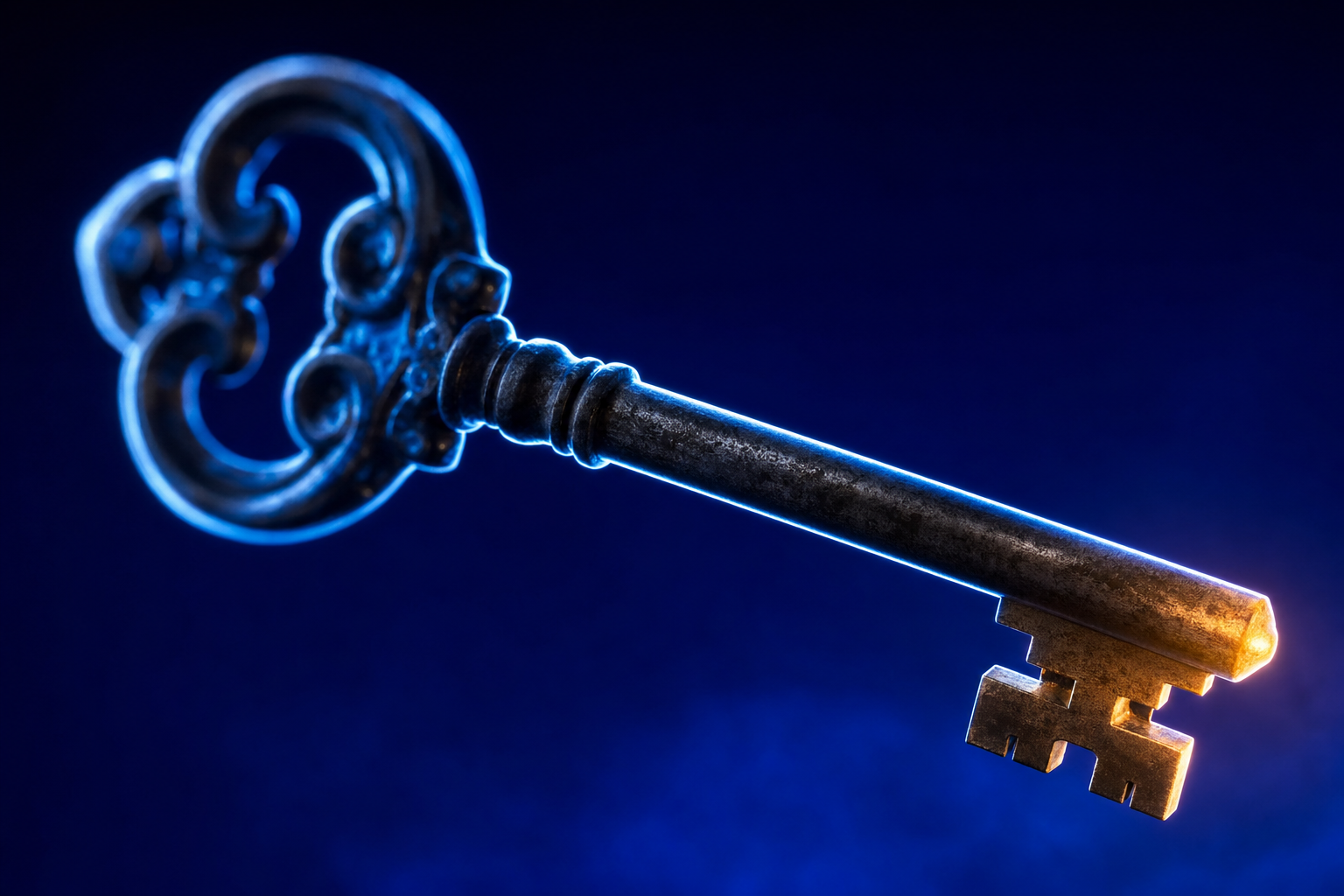 Ornate skeleton key floating in atmospheric blue — unlocking the right healthcare agency type