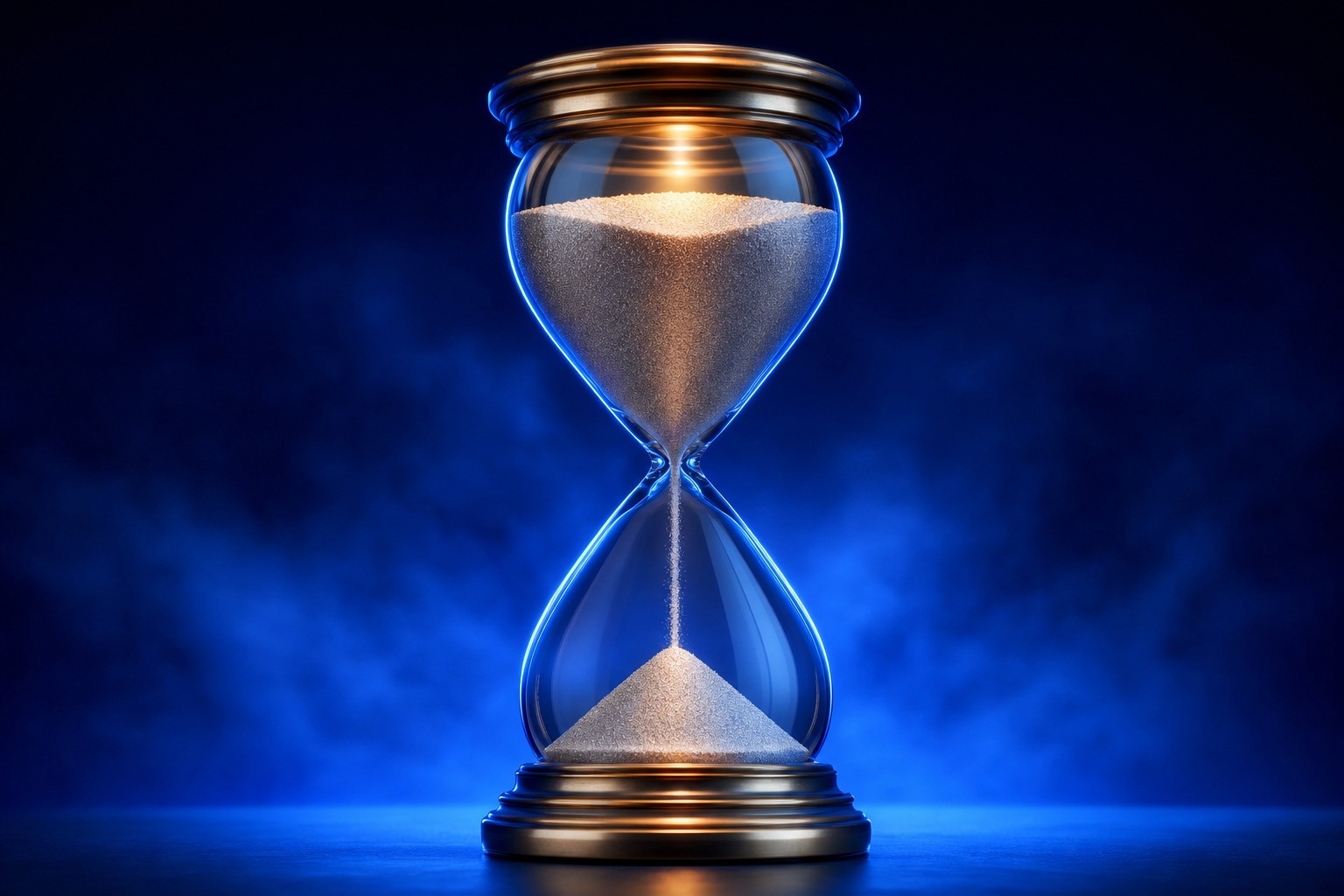Tall hourglass with full upper chamber showing a long deliberate content marketing runway.