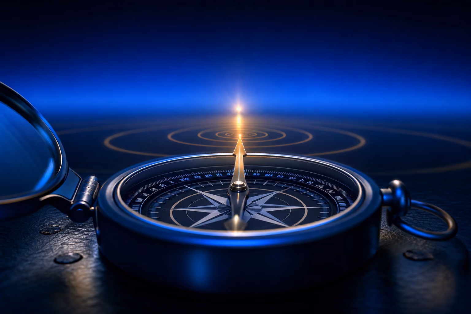 Precision navigation compass on dark surface with needle pointing to single glowing focal point, medical device M&A pattern.