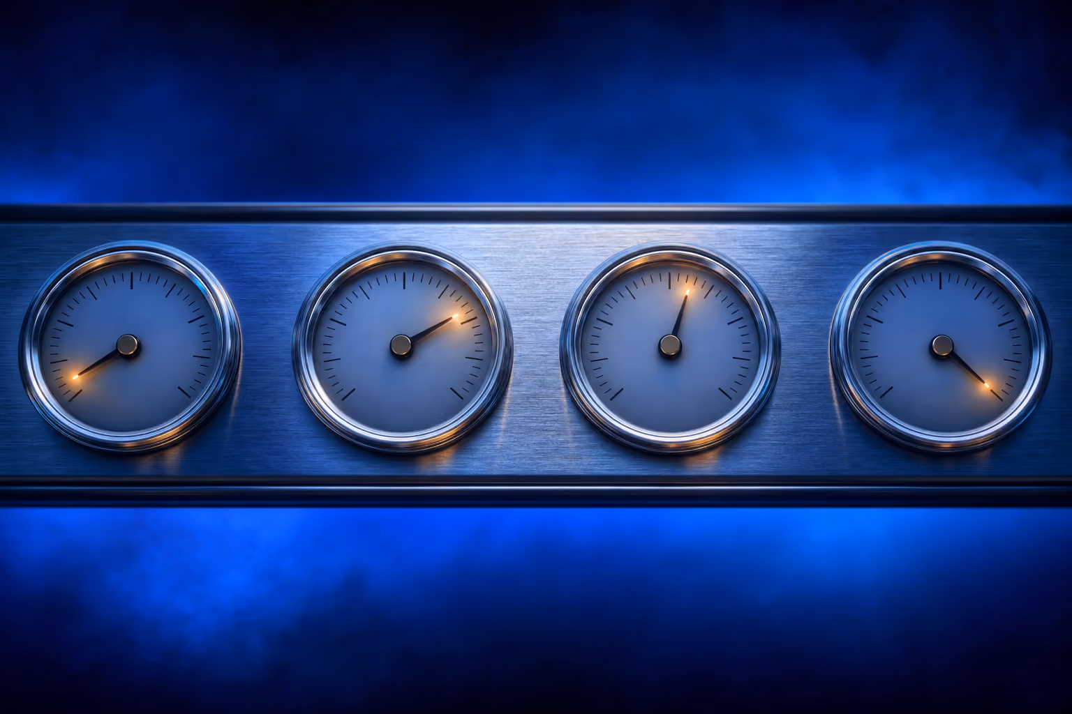 Four precision analog gauges representing four medical device marketing strategy disciplines.