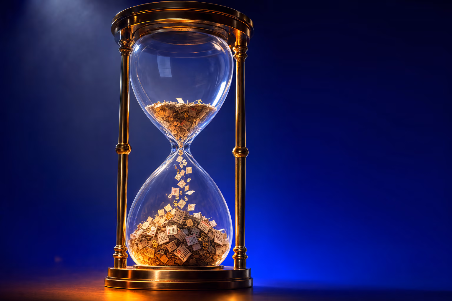 Hourglass with falling calendar pages illustrating wasted medtech runway when hiring a healthcare marketing agency too early.