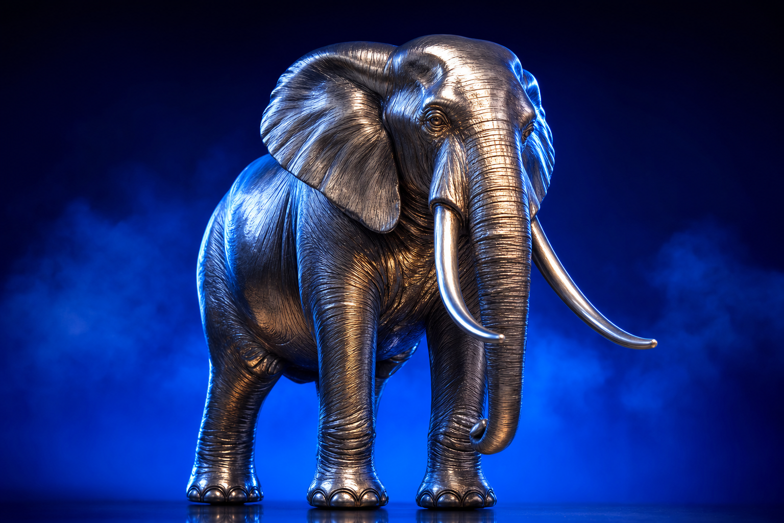 Brushed platinum elephant figurine glowing against deep navy gradient, medtech board communication framework visual