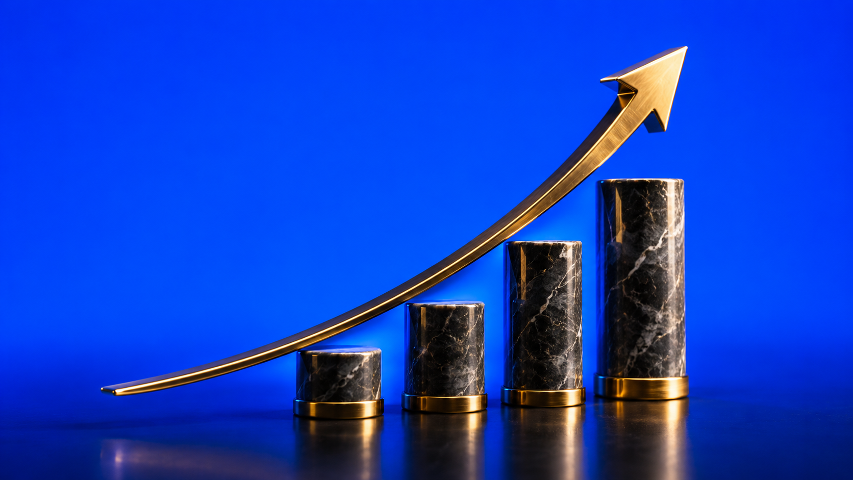 Ascending marble-and-gold bar chart with a rising arrow, symbolising medtech acquisition value
