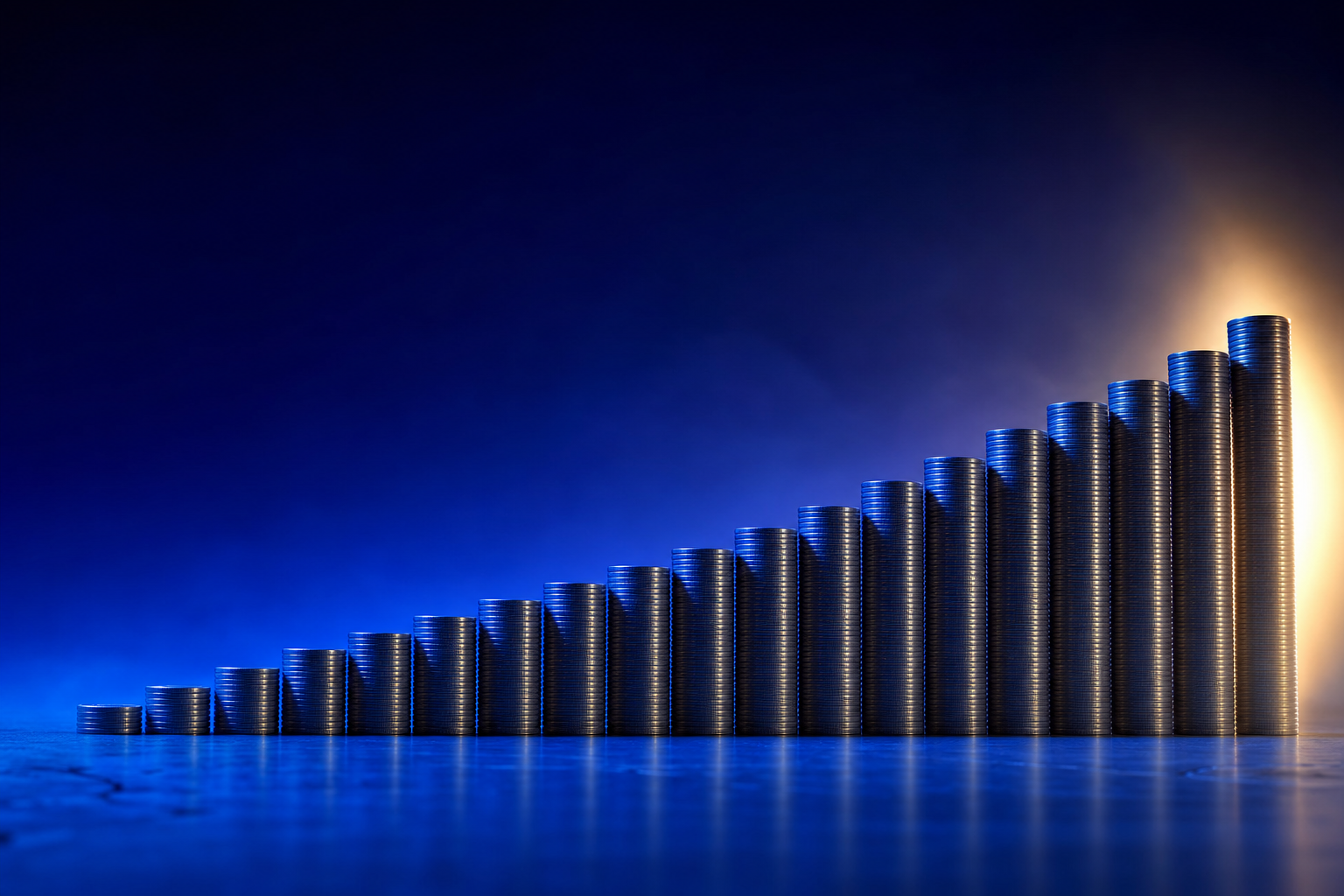 Twenty ascending coin stacks representing Axonics' consecutive profitable quarters before billion-dollar exit
