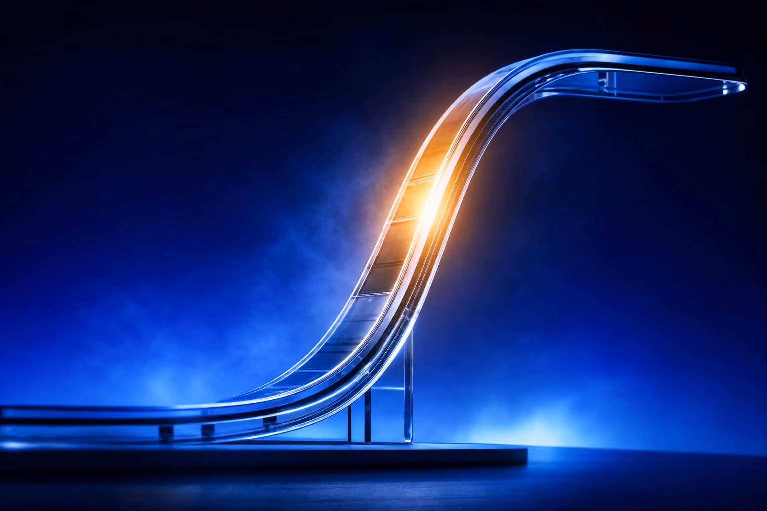 Technology adoption curve chrome S-arc glowing against deep navy atmospheric background