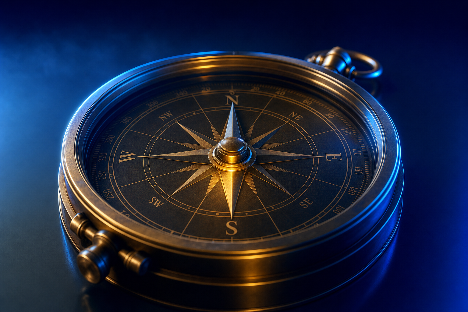 Oversized precision brass compass with glowing amber needle pointing forward on dark surface