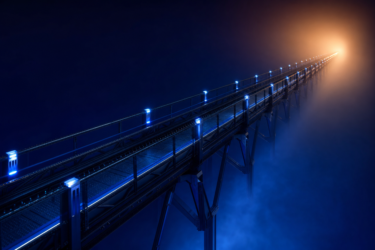 Modular steel bridge spanning dark void with warm amber glow at the far terminus