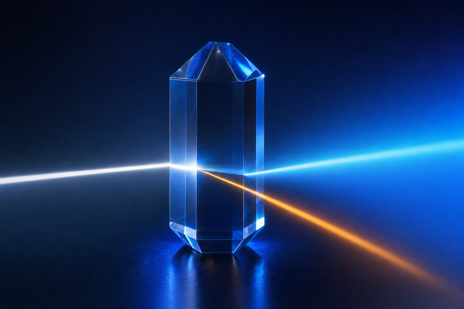 Crystal prism splitting single light beam into cool blue and warm amber diverging rays