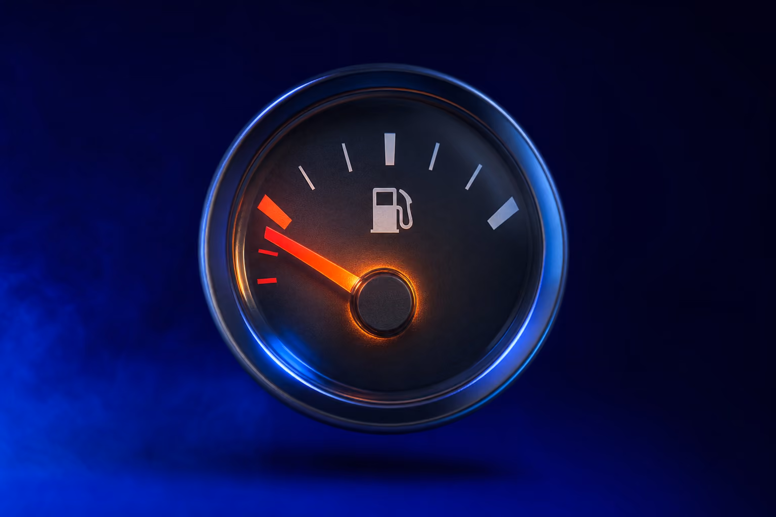 Depleted fuel gauge needle in the red, representing runway burned by the wrong healthcare seo company
