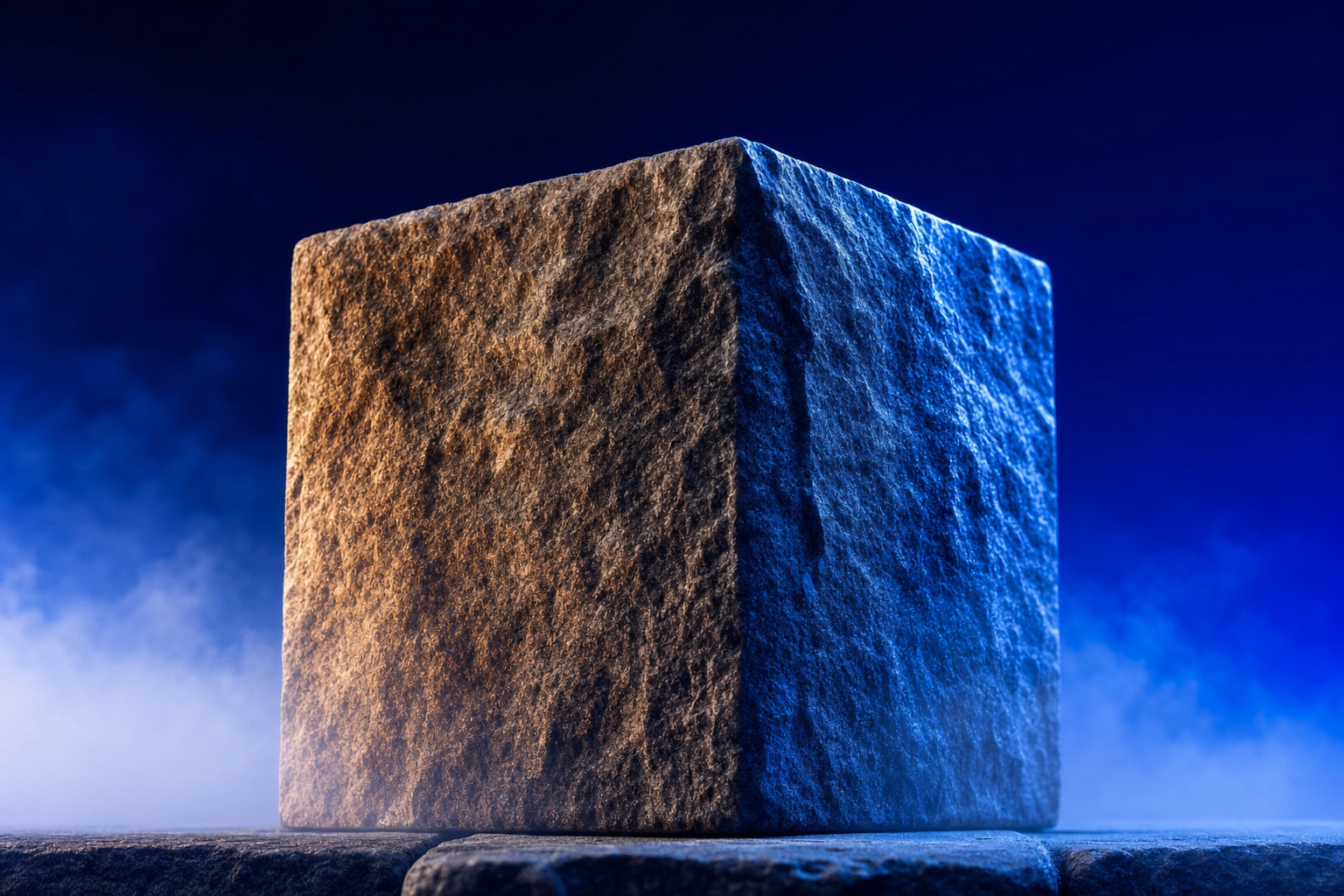 Solitary dark granite cornerstone block representing the foundational prerequisite before market category formation