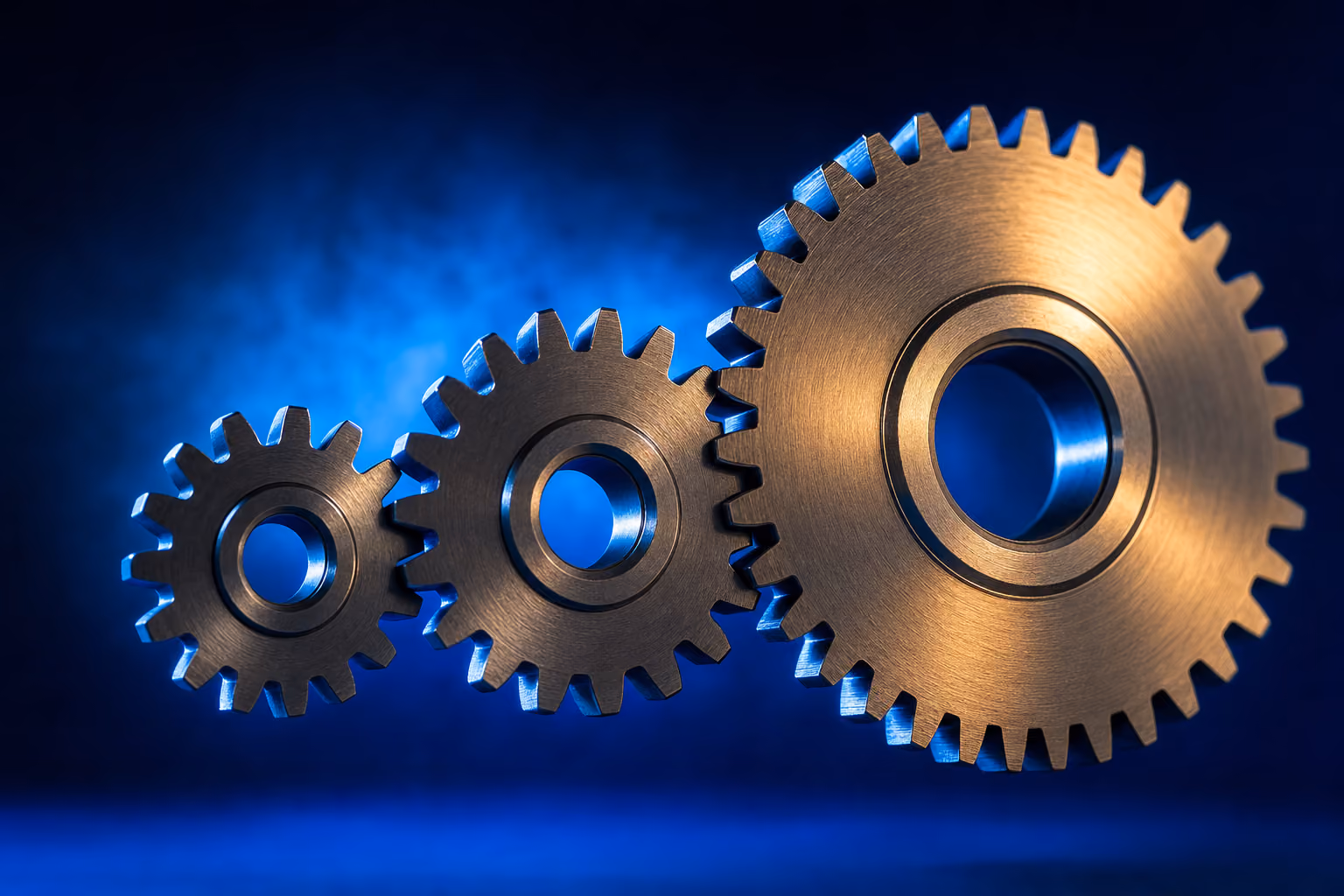 Three interlocking titanium gears illustrating the sequential stages of medical device sales representatives