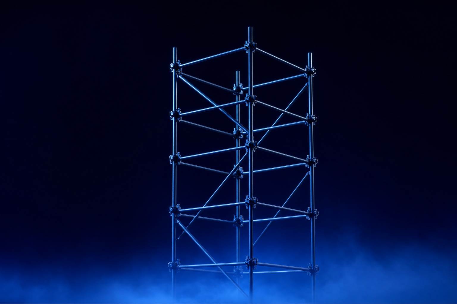 Lone steel scaffolding skeleton standing in dark void representing absent commercial sales infrastructure