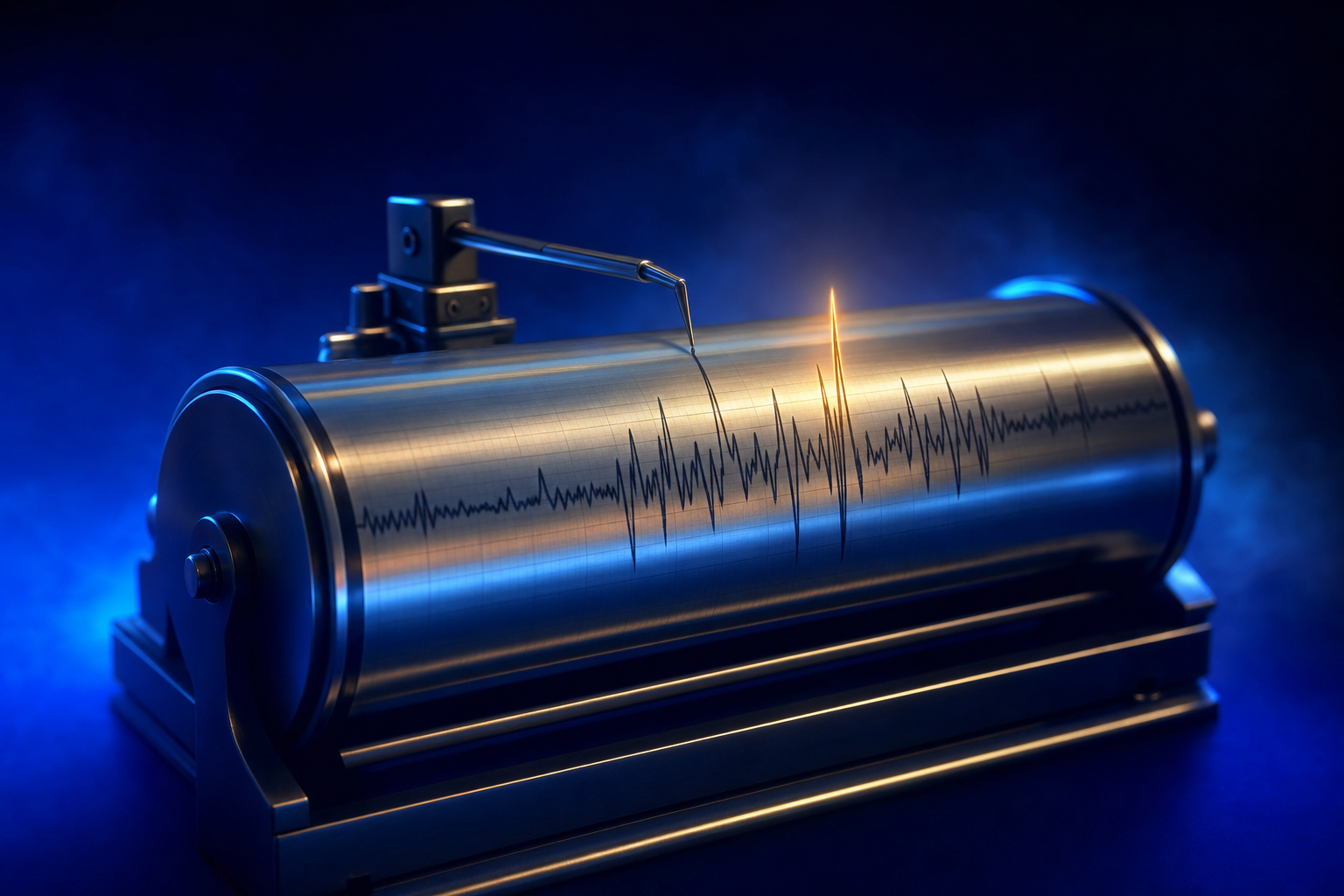 Mechanical seismograph drum tracing a sharp market maturity signal spike against deep blue atmosphere