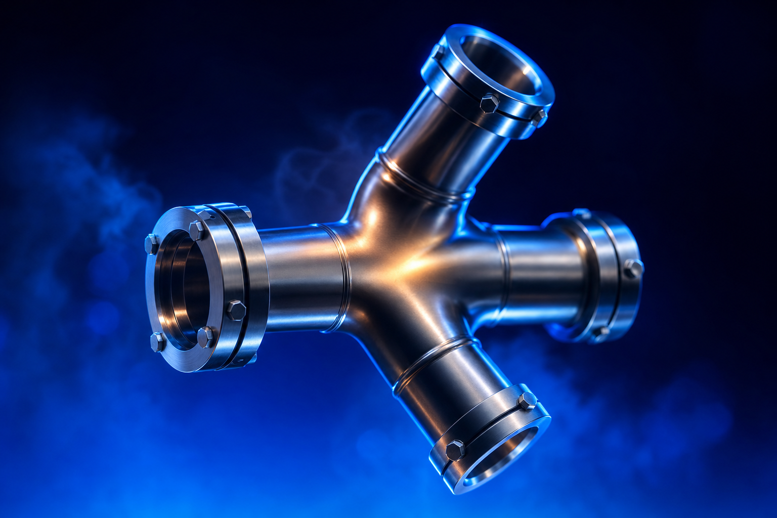 Polished stainless three-way valve junction representing the choice between direct reps and distributors