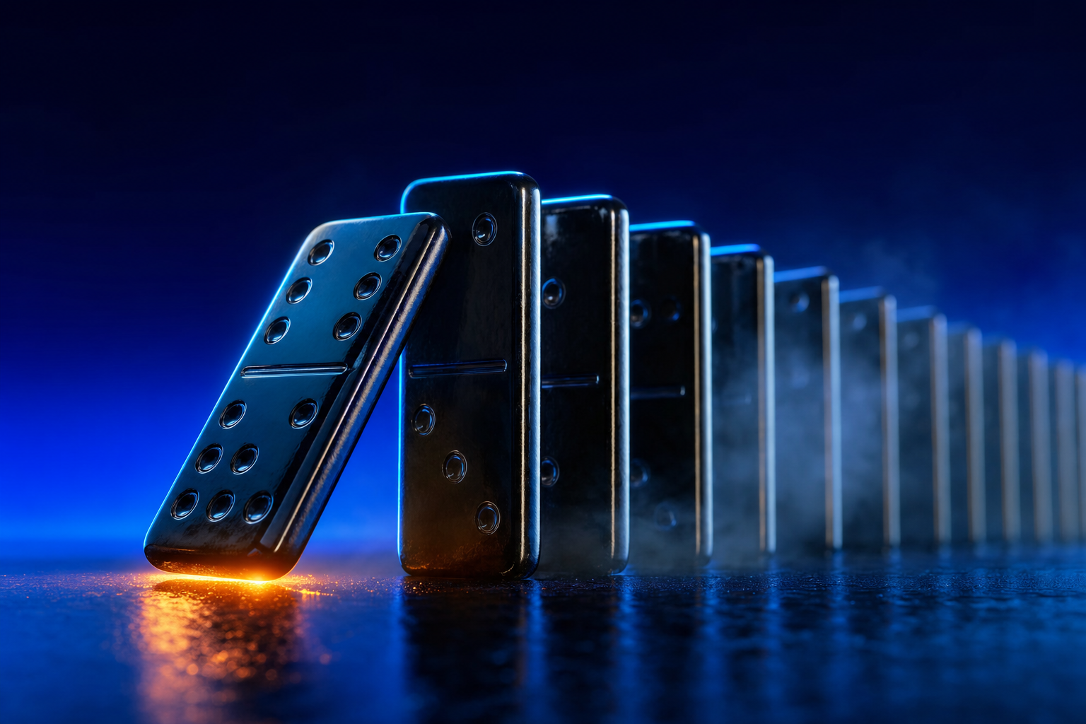 Obsidian dominoes frozen mid-cascade marking the early-majority category adoption tipping point
