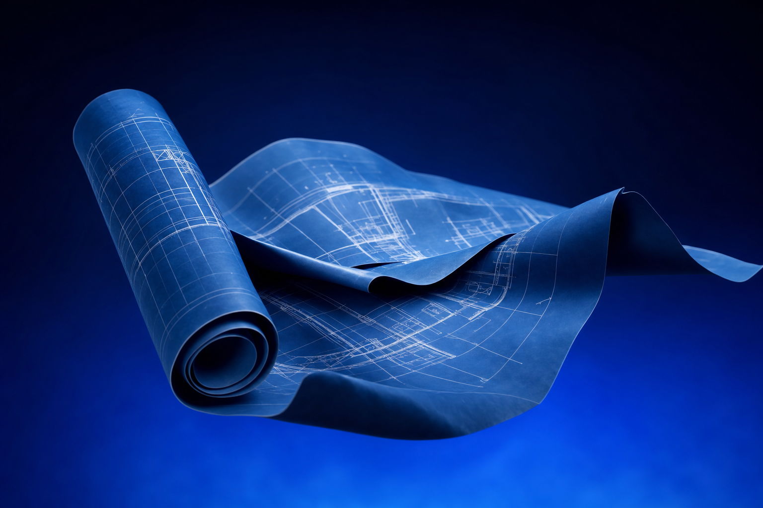Architectural blueprint collapsing inward