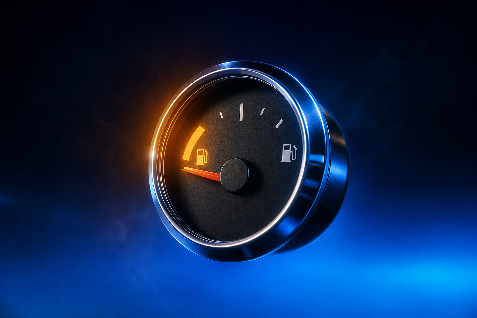 Analog fuel gauge needle past empty with amber urgency glow signaling depleted investment runway