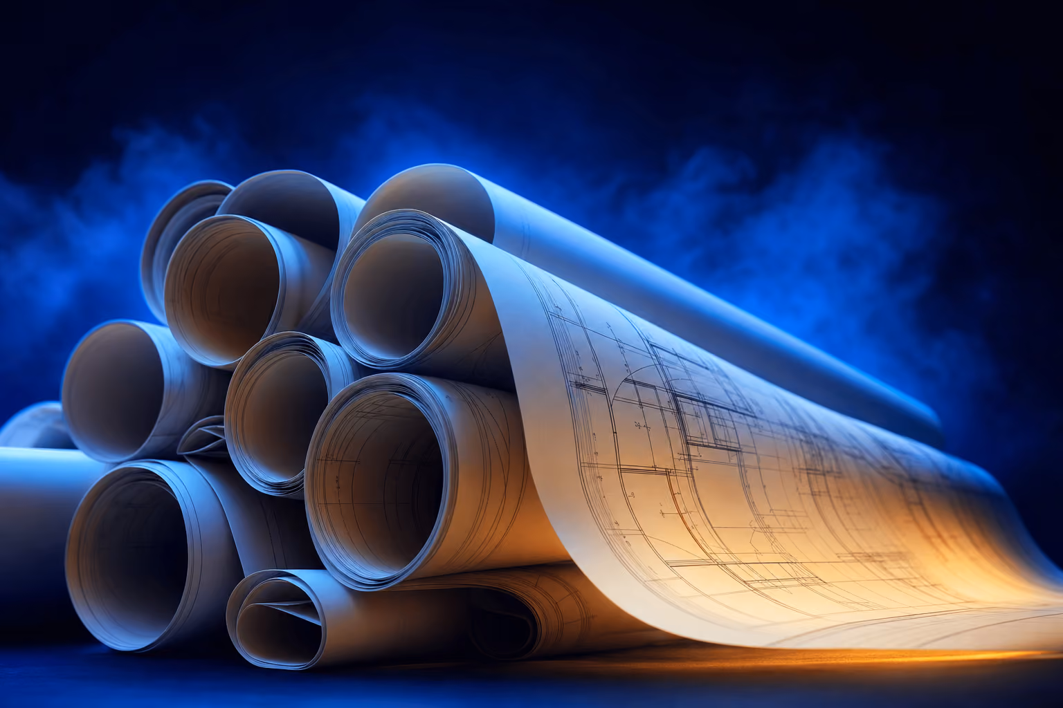 Content marketing in healthcare mapped as engineering infrastructure on architectural blueprint scrolls