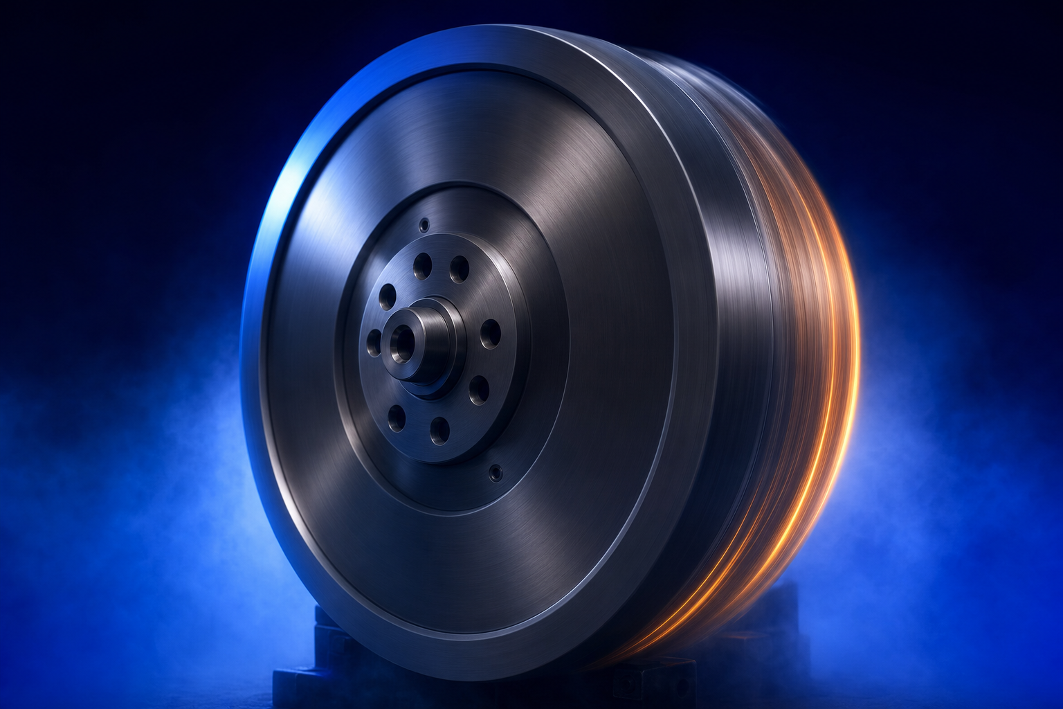 Massive steel flywheel spinning in dark haze representing a compounding healthcare content marketing engine