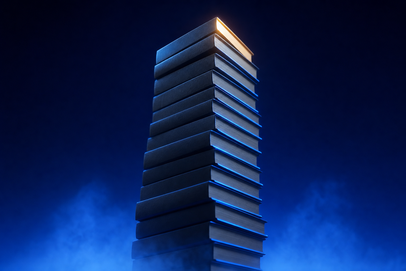 Towering stack of hardcover volumes representing 370 episodes of compounding MedTech content authority