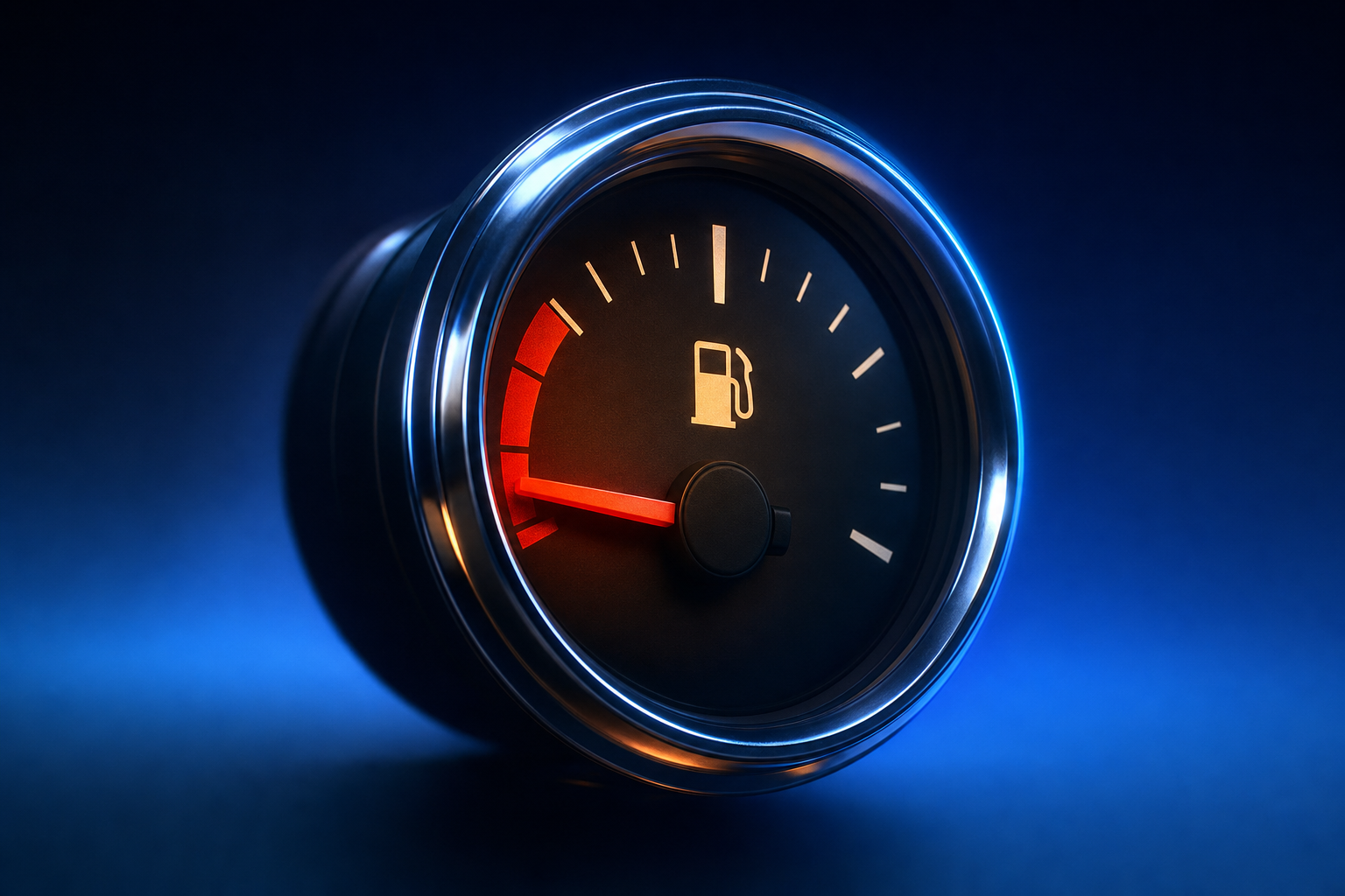 Fuel gauge needle deep in the red zone signaling depleted medtech startup runway