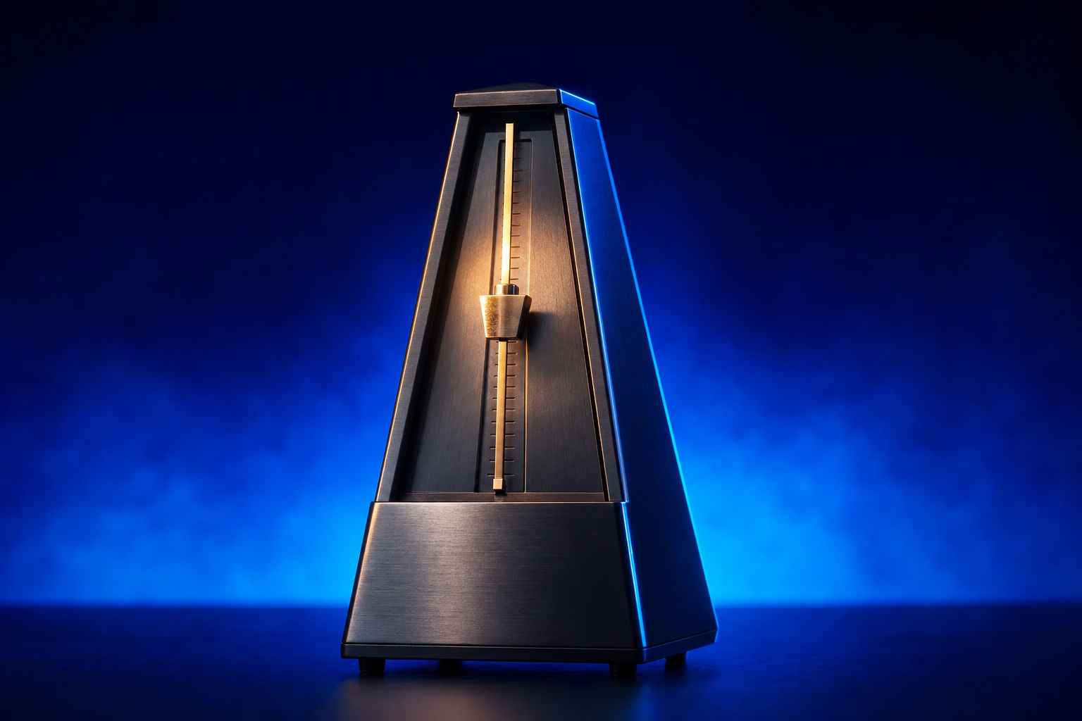 Dark steel precision metronome representing the process repeatability required to scale commercial medtech operations