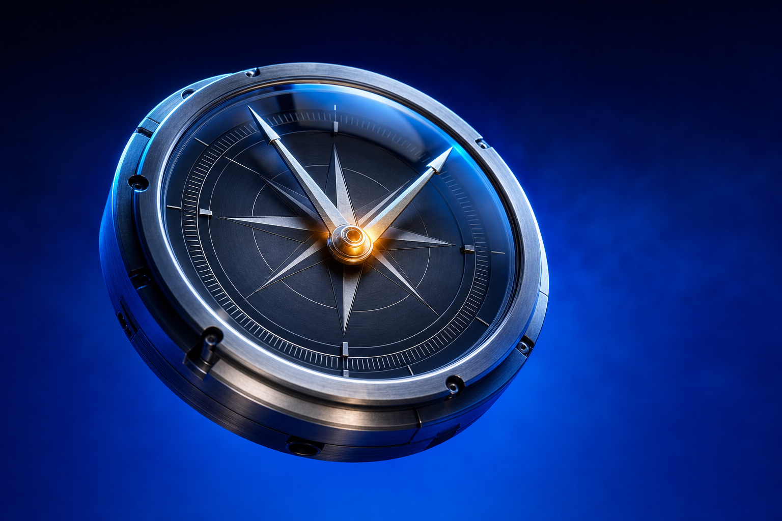 Precision compass with a split needle pointing two directions representing divergent market-crossing strategies