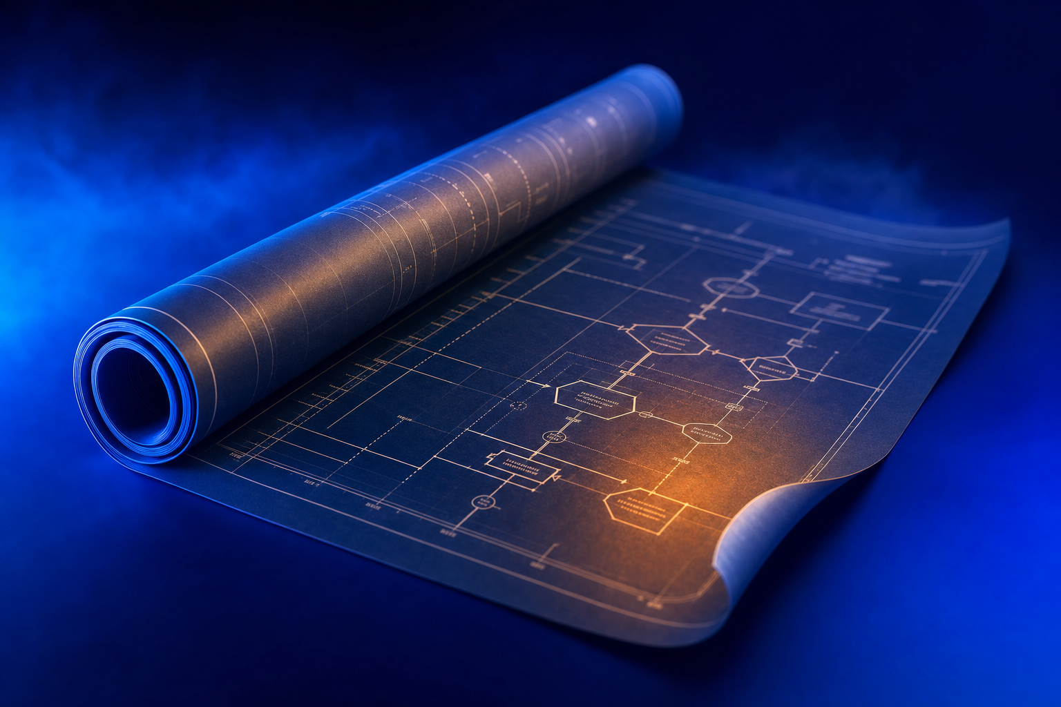 Rolled architectural blueprint partially unfurled revealing a layered commercial framework structure