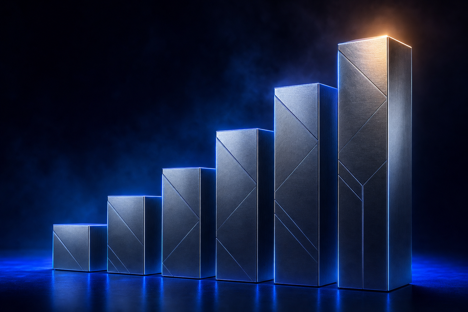 Five ascending titanium blocks representing the structural components of a medtech investor narrative