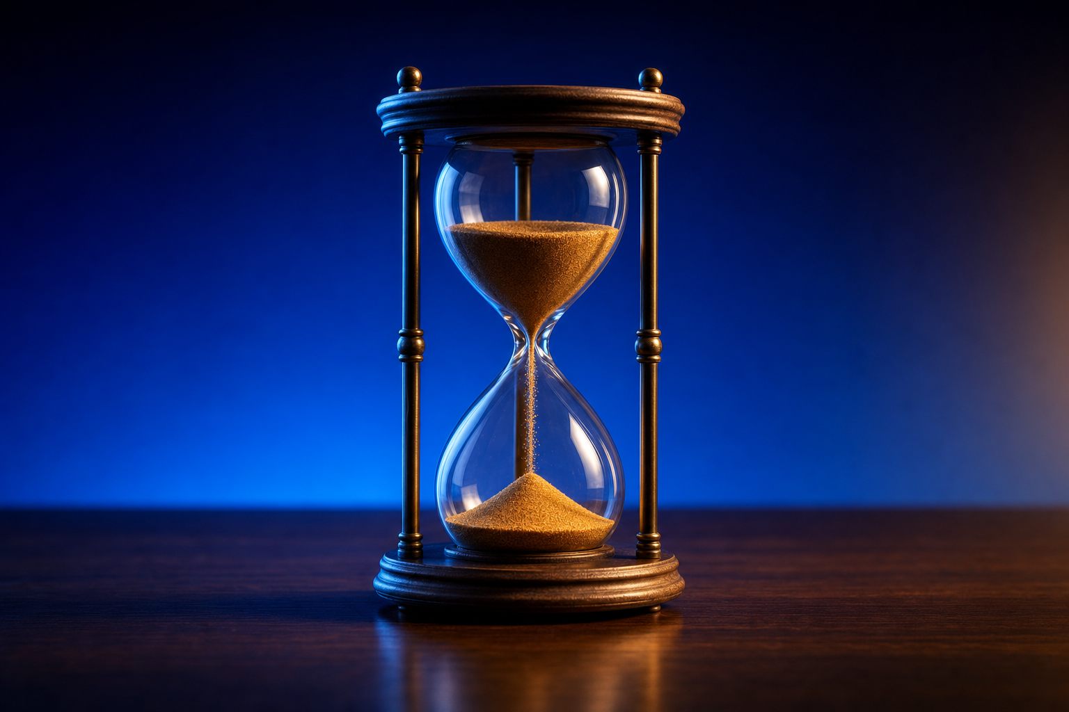 A single classic hourglass with fine amber sand mid-fall between two glass chambers standing upright on a polished walnut desk against a dark navy-to-blue gradient, representing the compressed Series A to Series B timeline that forces early-stage investors to carry the funding burden alone.