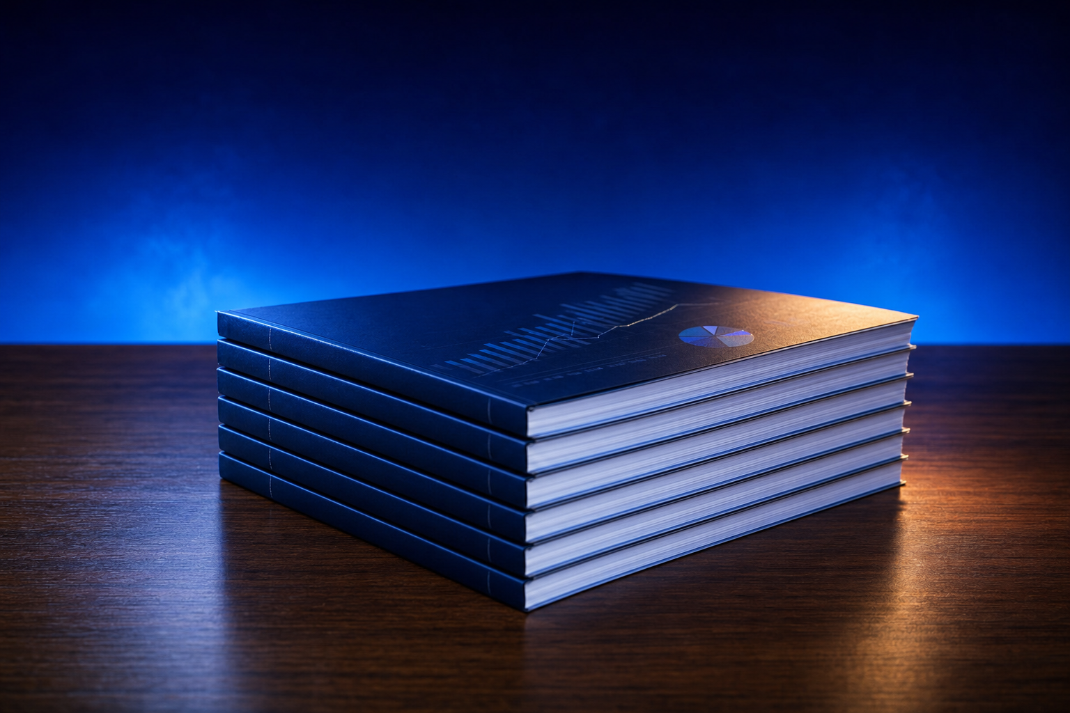 A single neat stack of quarterly financial reports and bound investor filings on a polished walnut desk against a dark navy-to-blue gradient, representing the deal-flow data showing later-stage funding rising and early-stage funding collapsing across medtech.