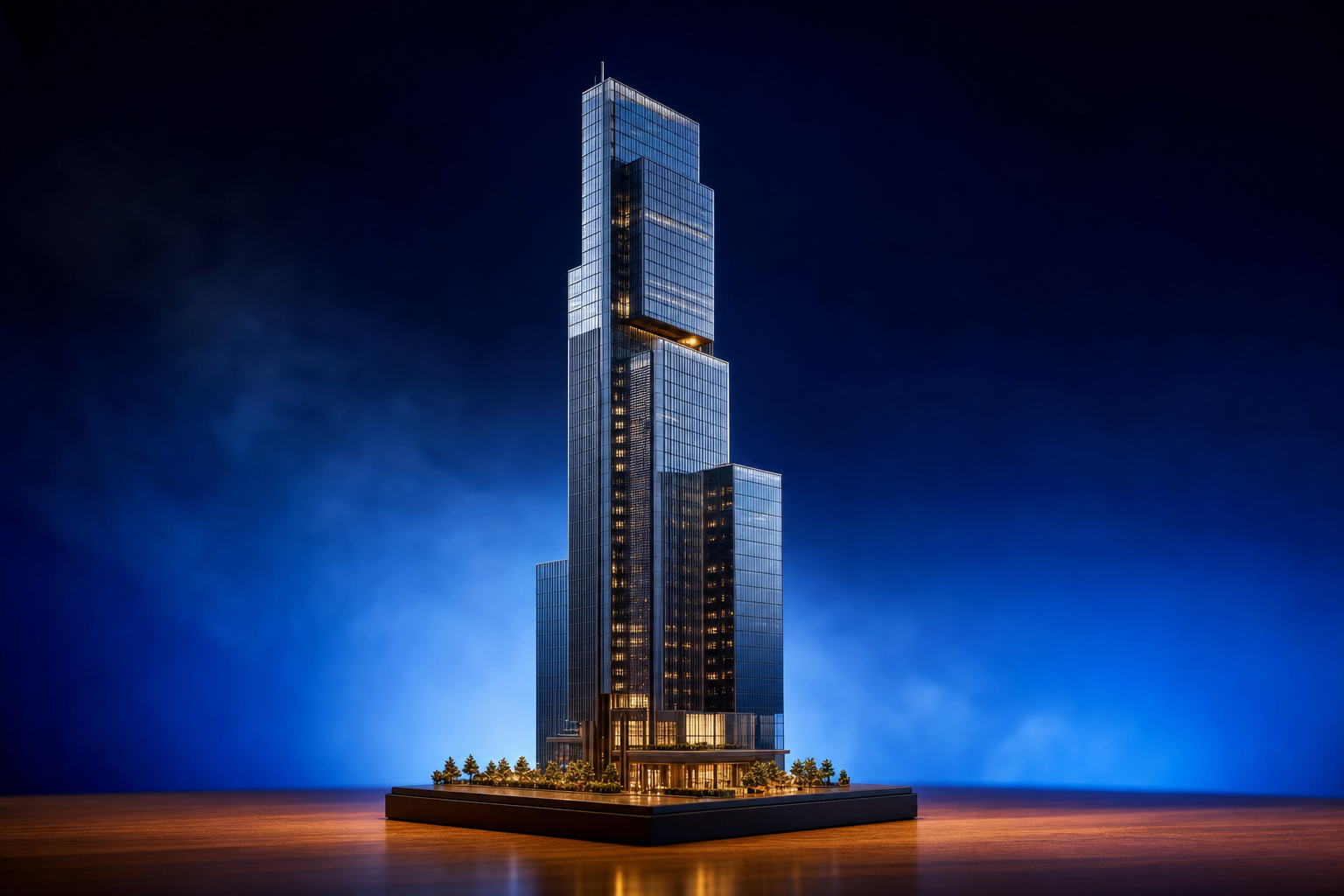 A single sleek modern glass-and-steel corporate skyscraper model on a polished walnut desk against a dark navy-to-blue gradient, representing the large medtech strategics like Boston Scientific and Medtronic stepping in as active early-stage investors.