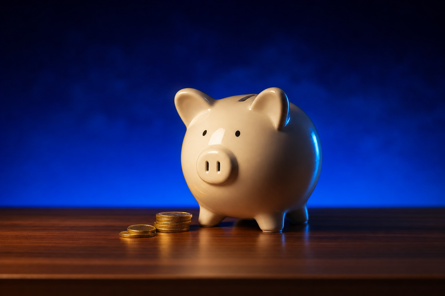 A single classic ceramic piggy bank in soft cream color with a few gold coins arranged neatly beside it on a polished walnut desk against a dark navy-to-blue gradient, representing the non-dilutive, family office, and angel-stage capital alternatives that fit many medtech companies better than venture capital.