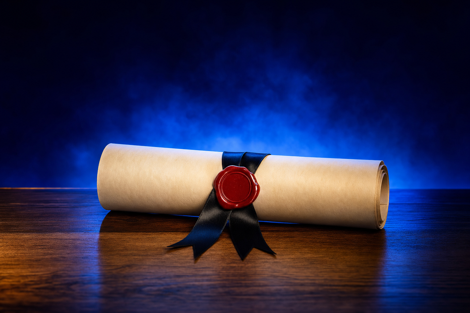 A single rolled parchment certificate with a formal red wax seal and a black silk ribbon lying on a polished walnut desk against a dark navy-to-blue gradient, representing the FDA clearance letter that opens the post-approval funding gap for pre-commercial medtech companies.