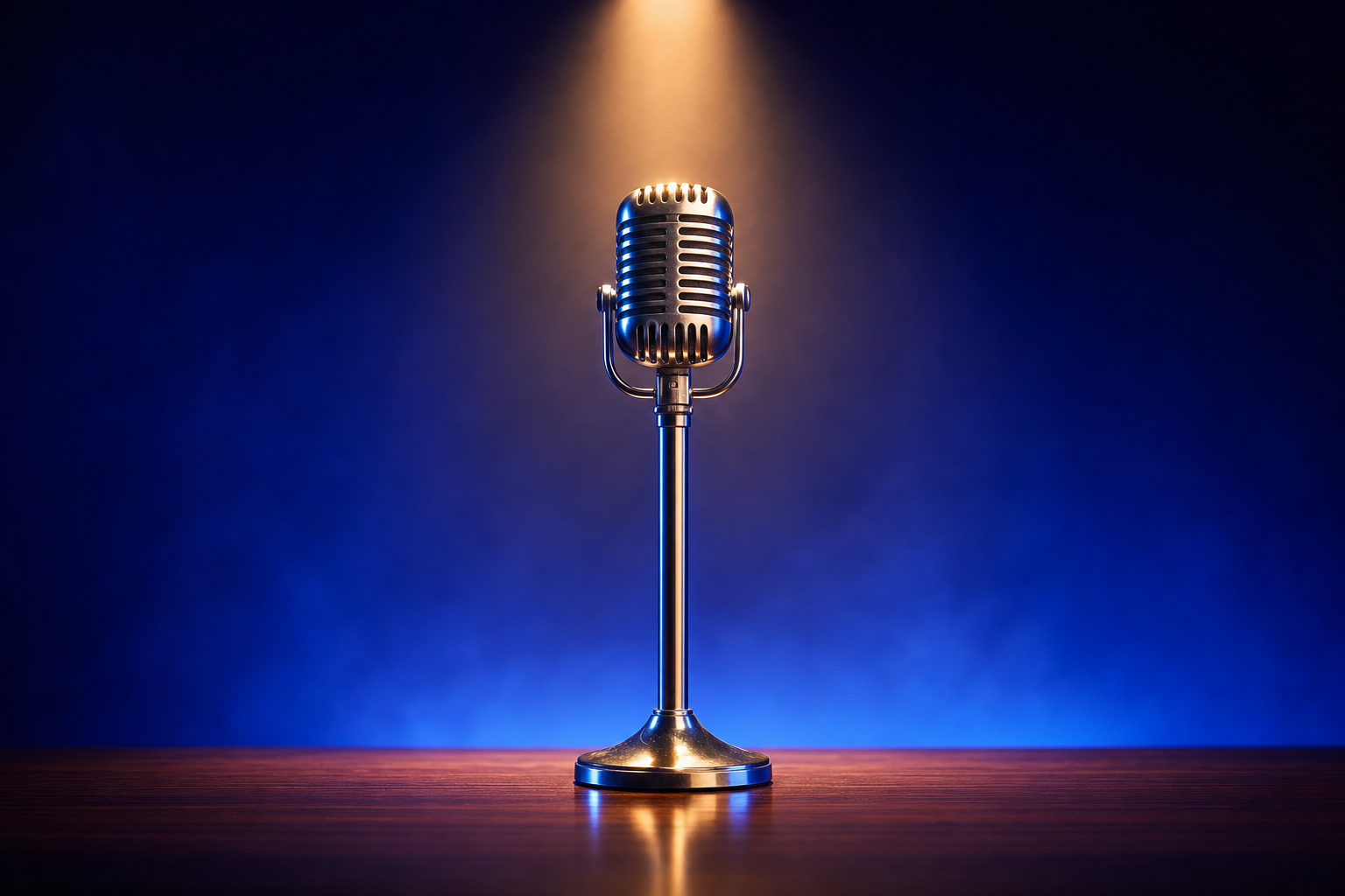 Vintage silver stage microphone under a warm amber spotlight representing founder conviction on the LSI stage