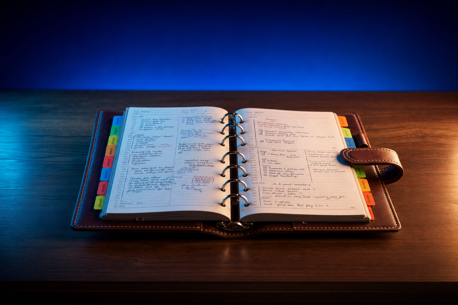 Leather-bound day planner with colored tabs and notes representing pre-meeting preparation and post-meeting follow-up