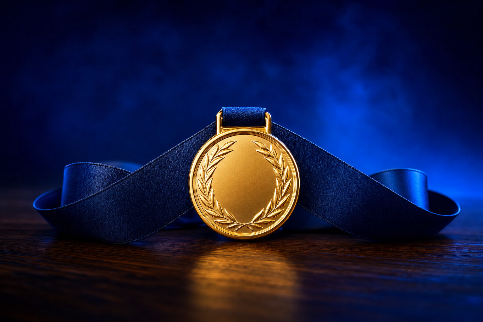 Gold medal on a navy silk ribbon representing LSI's status as the top medtech fundraising conference