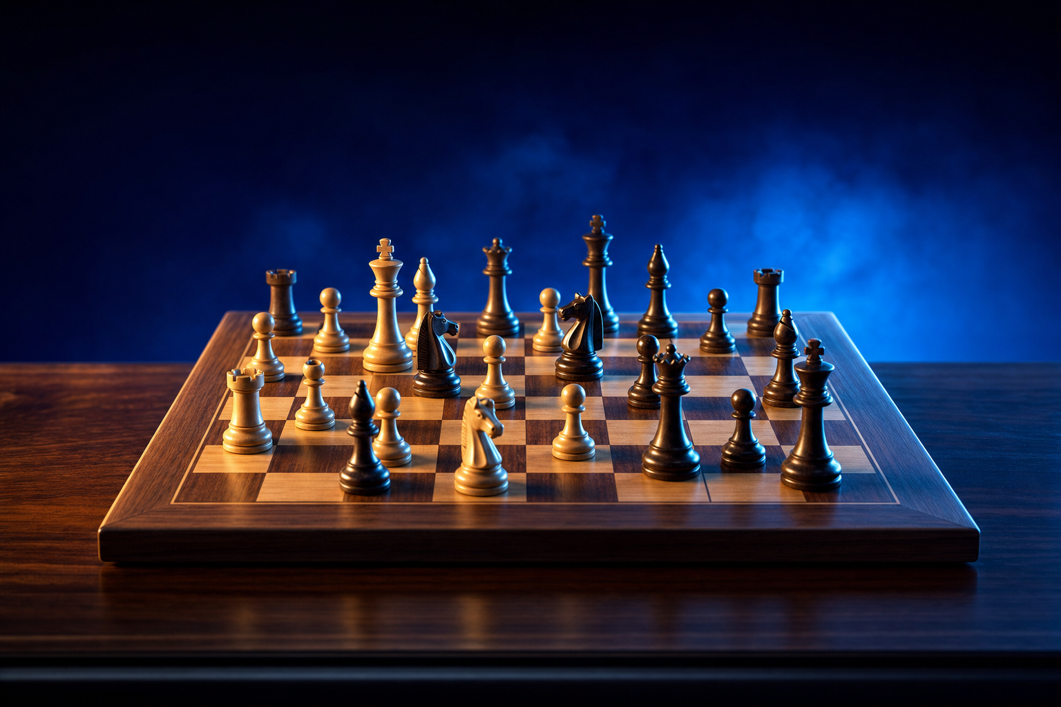 Wooden chess board mid-game with dark and light pieces representing the market position medtech founders shape before LSI