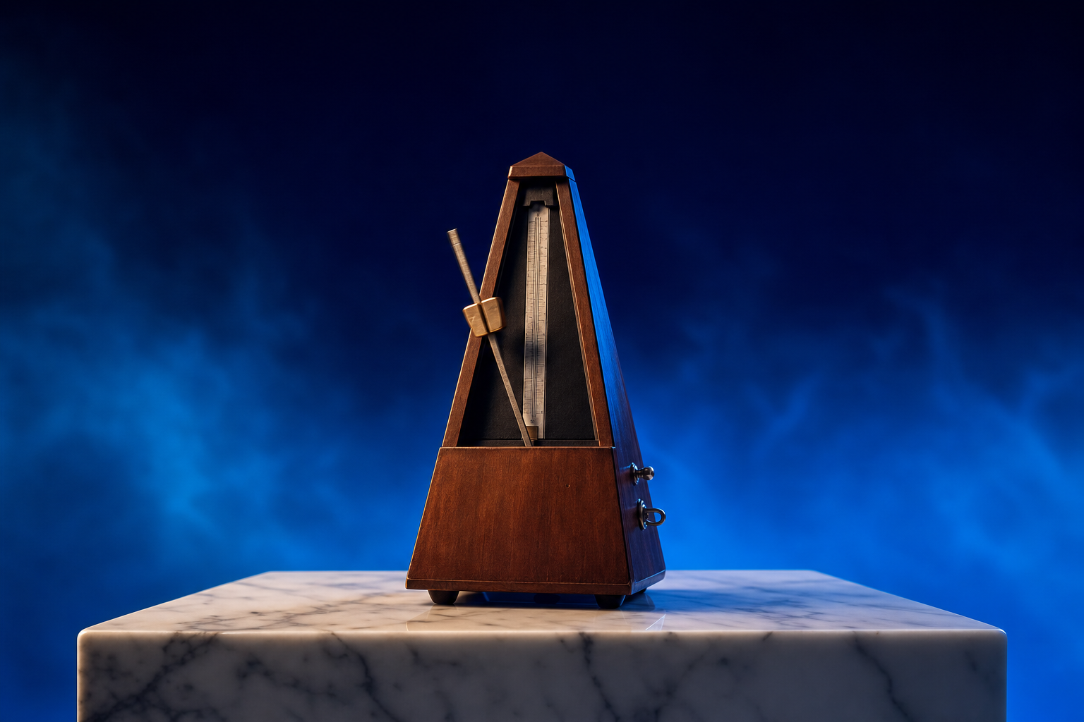 A wooden metronome mid-swing representing repeatable measurable demand