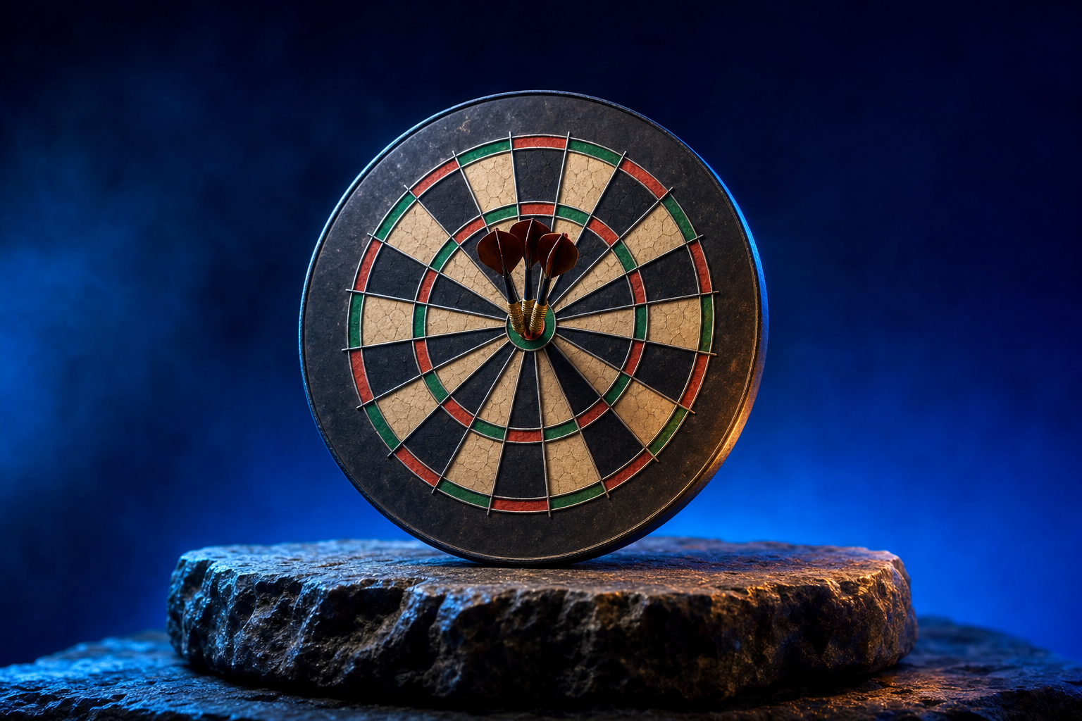 A dartboard with darts on bullseye representing predicted-and-delivered milestones