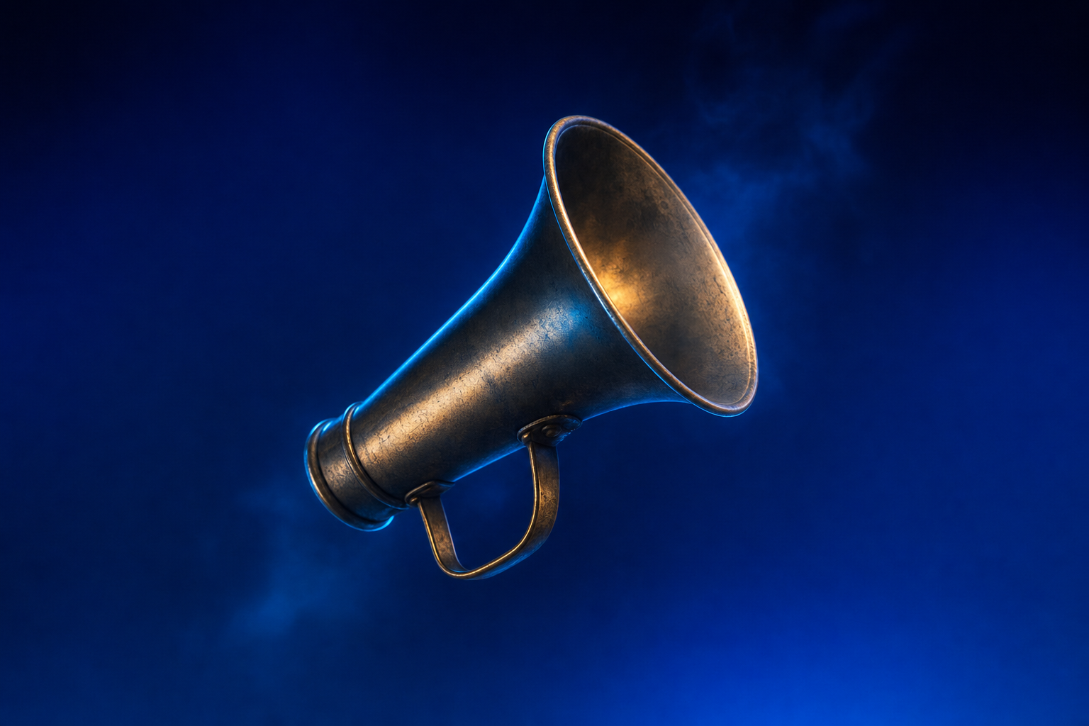 A brass megaphone representing distribution as the multiplier for founder authority.