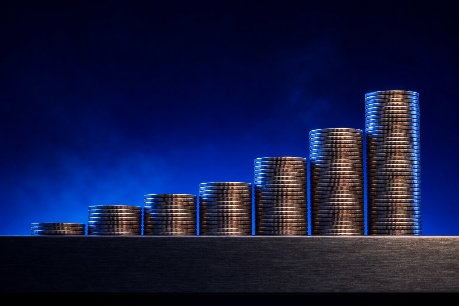 Ascending coin stacks representing awareness compounding into inbound over 18 months.