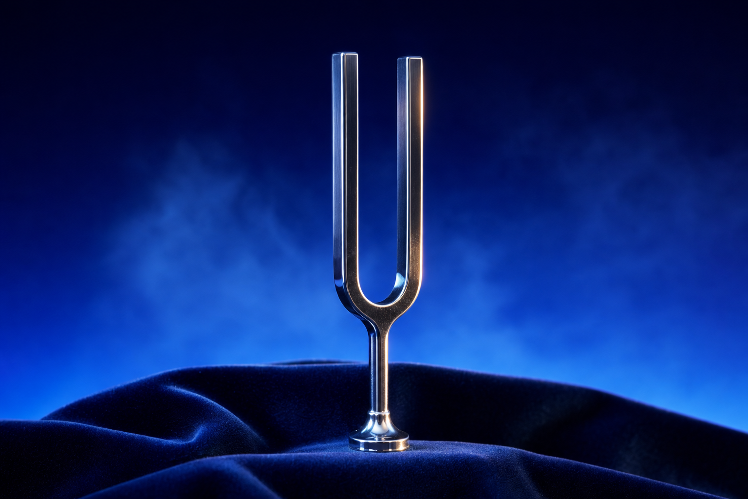A chrome tuning fork representing the single clear voice through the news cacophony.