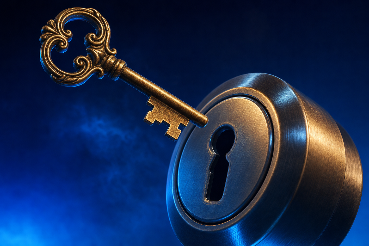 A single ornate brass key hovering over a lock whose shape does not match against a dark navy-to-blue gradient representing the pharma or SaaS playbook that does not fit medtech commercialization.