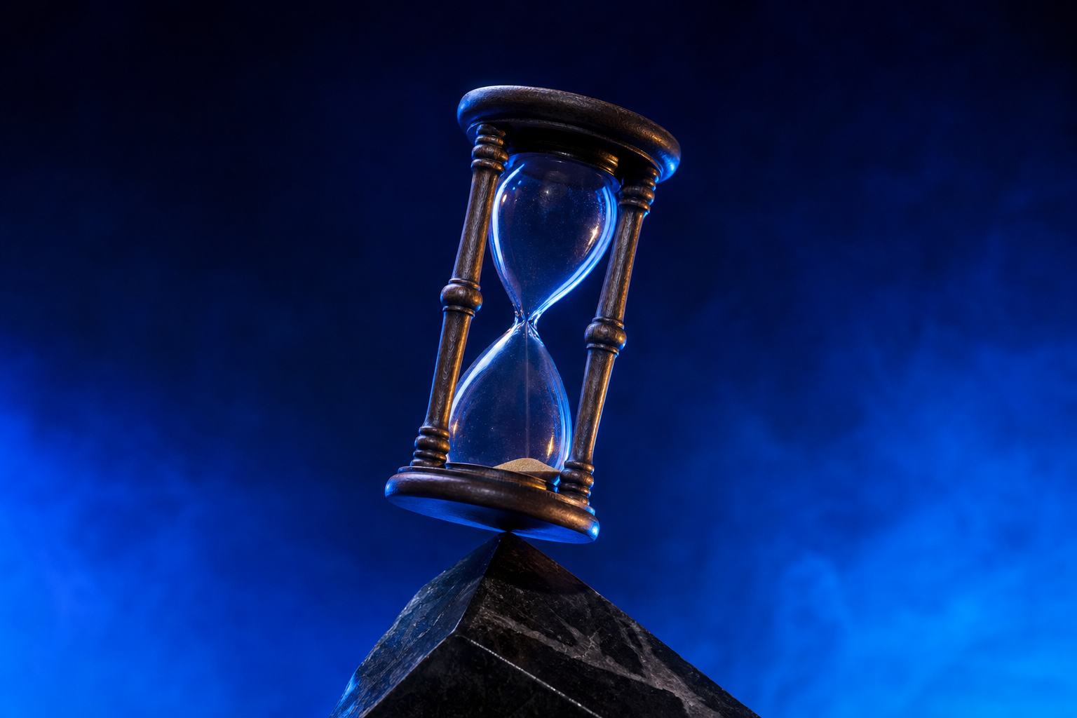 A single tall wooden hourglass balanced on the edge of a small stone platform with sand nearly drained against a dark navy-to-blue gradient representing timing that has been left too late.