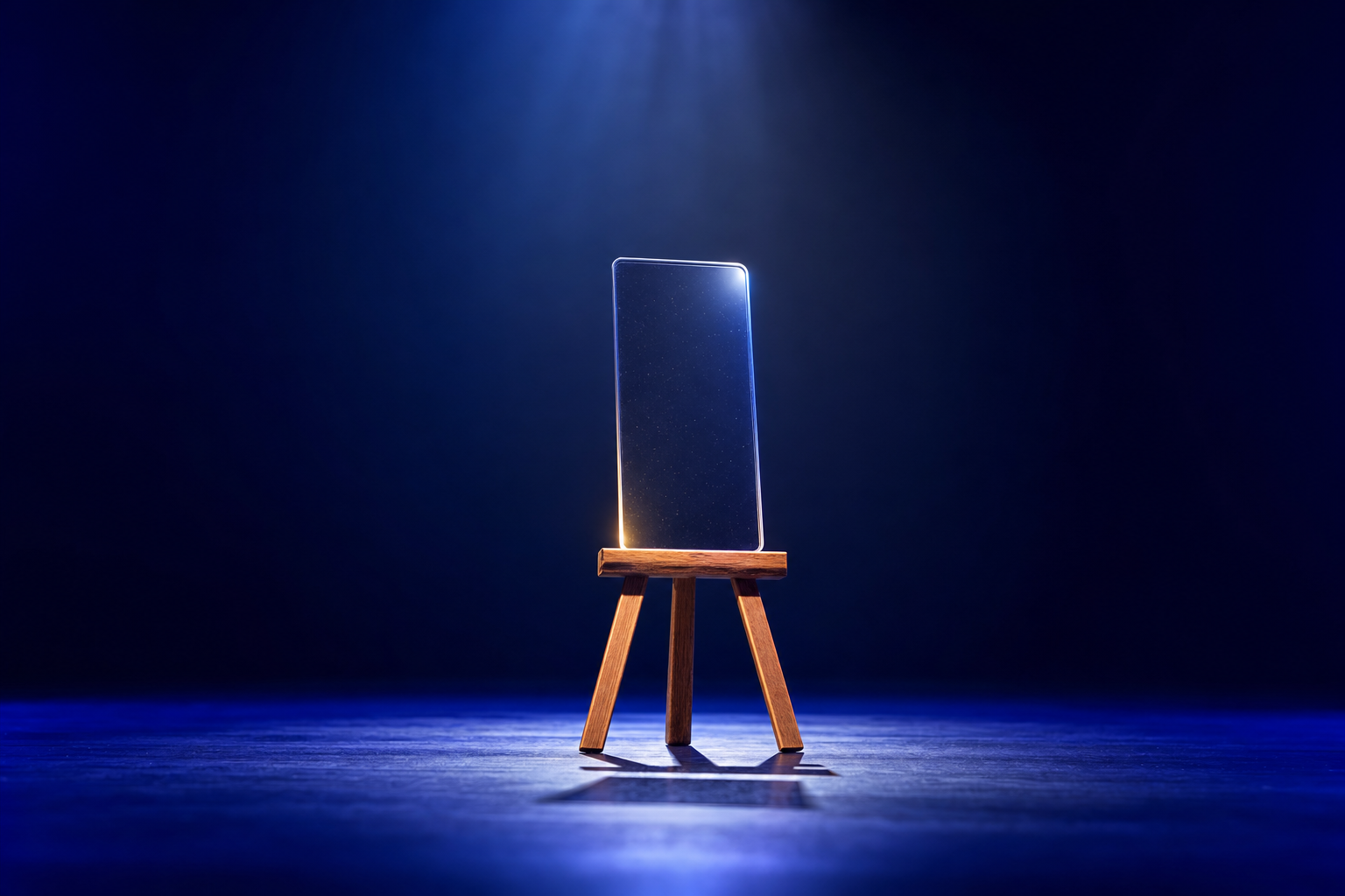 A single polished glass slide propped on a wooden easel under a spotlight in an otherwise empty theater stage against a dark navy-to-blue gradient representing deck polish standing alone without the ecosystem beneath it.