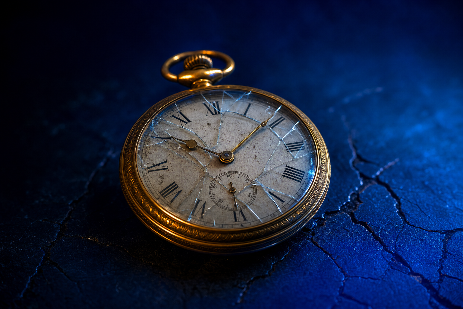 A single antique gold pocket watch resting face-up on a dark surface with a visibly cracked crystal glass covering the face watch hands frozen against a dark navy-to-blue gradient representing the framework consultant whose value runs out by month four.