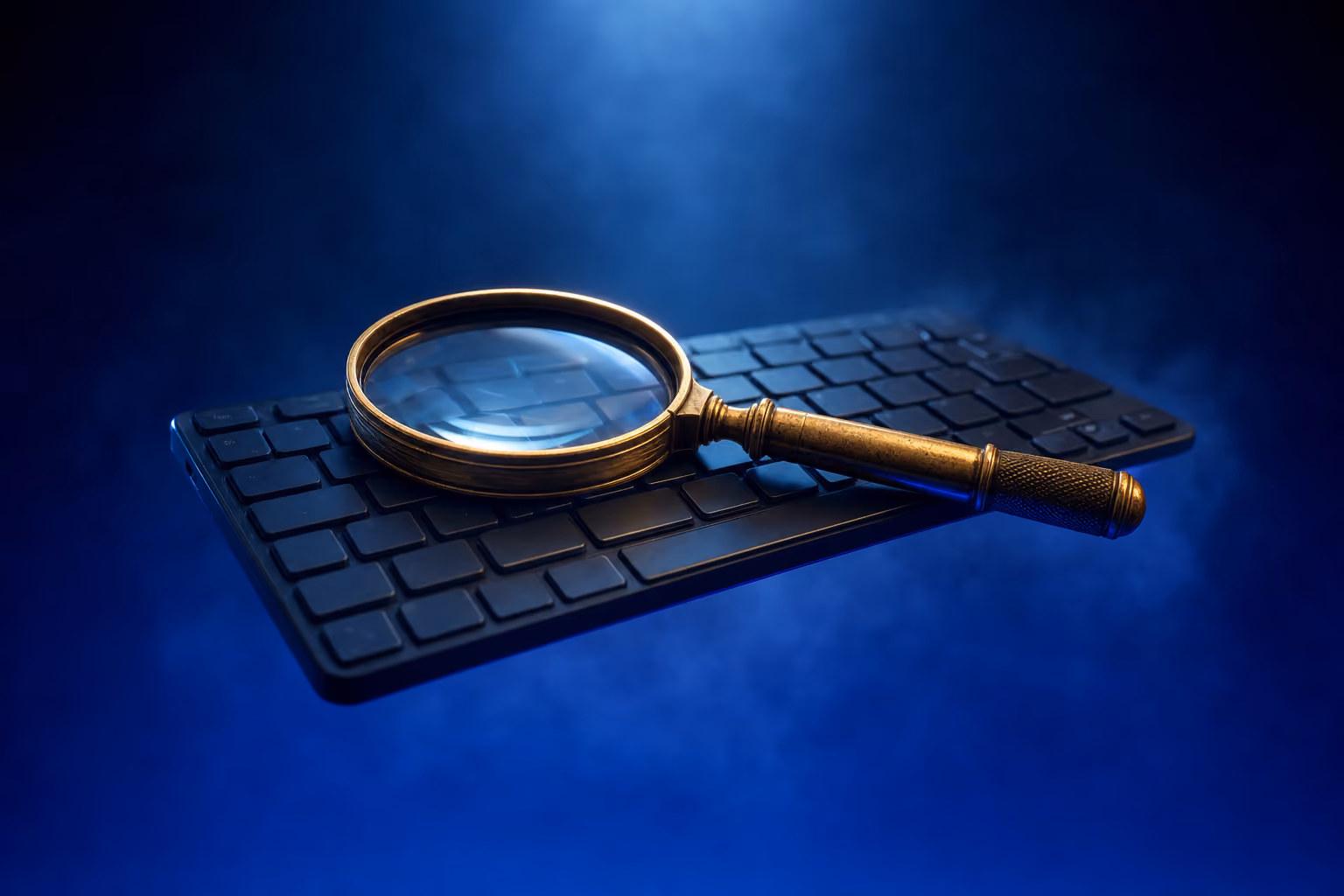 A single magnifying glass resting on a laptop keyboard under warm amber light, representing search visibility and SEO for medtech.